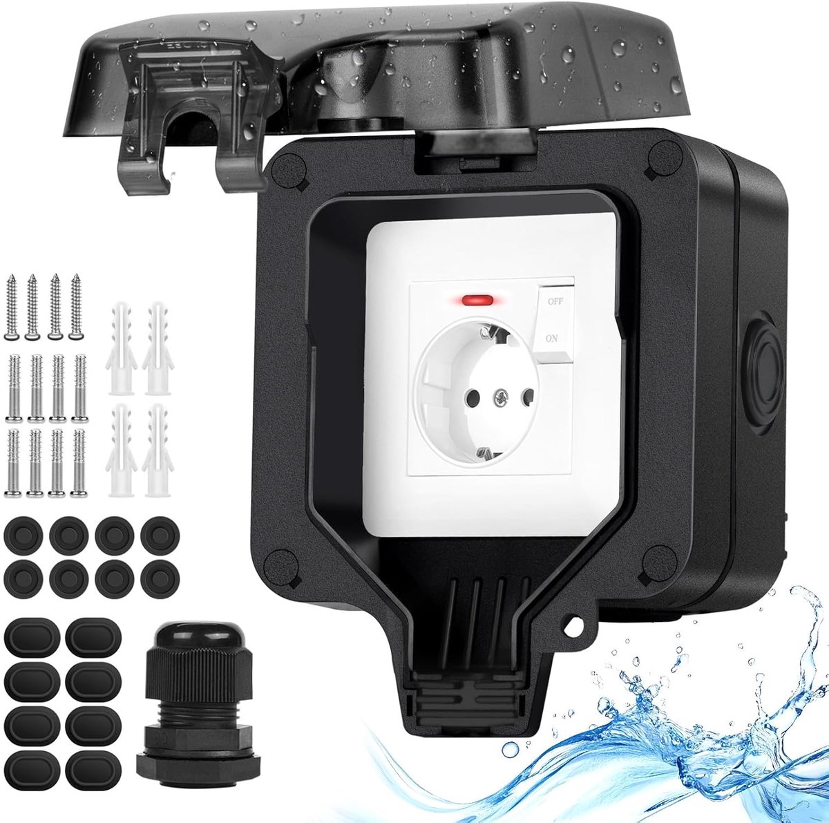IP66 outdoor waterdichte aansluiting met lichtindicatorschakelaar, outdoor stopcontact tuin buiten afsluitbaar stopcontact opvouwbaar deksel individueel stopcontact zwart
