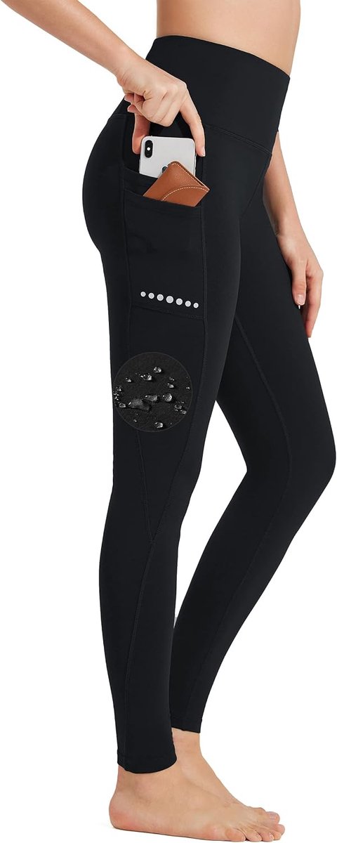 Sportlegging voor dames, met hoge taille, fleece gevoerd, waterdicht, ondoorzichtig, buikcontrole, slimfit, yogabroek, sportbroek, sweatbroek, fitnessbroek met zakken