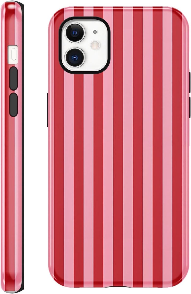 Aesthetic Beschermhoes voor iPhone 12 Mini 13,7 cm (5,4 inch), gestreept, bedrukt, dames, meisjes, 2-in-1 design, schattig, schokbestendig, siliconen hoes, rood