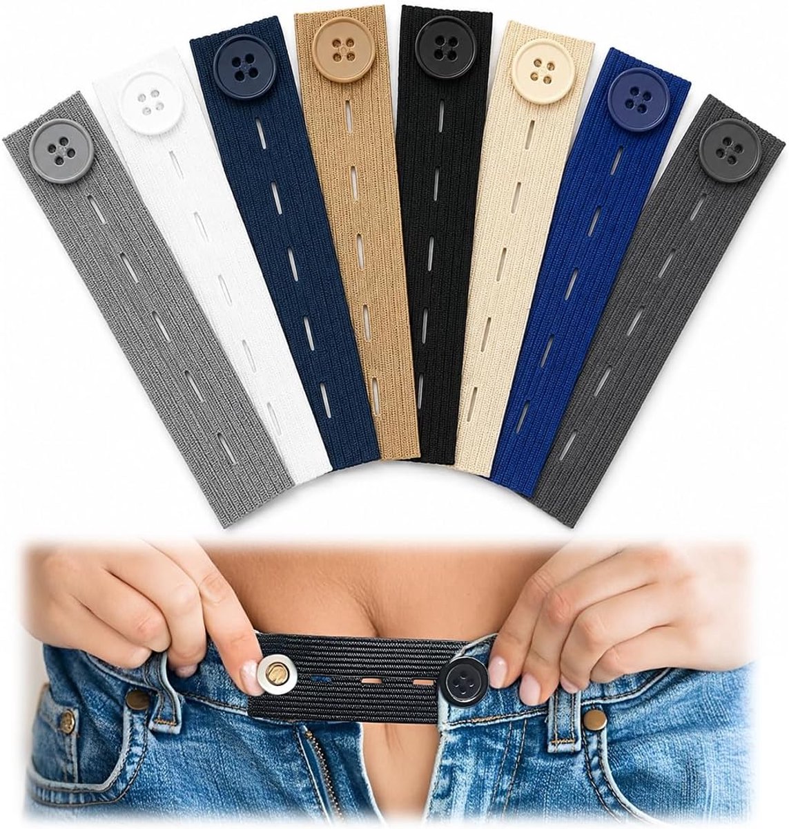 8Pcs Tailleband Verlengingsset, Elastische Knoopverlenging voor Jeans en Broeken, Verstelbare Broekverlenging voor Vrouwen en Zwangerschap, Uniseks