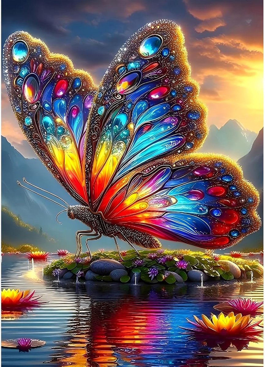 DIY vlinder diamant schilderij kits voor volwassenen, 5D fantasie diamant kunst kits voor beginners, ronde volledige boor zonsondergang diamant schilderij kunst, doe-het-zelf schilderen op