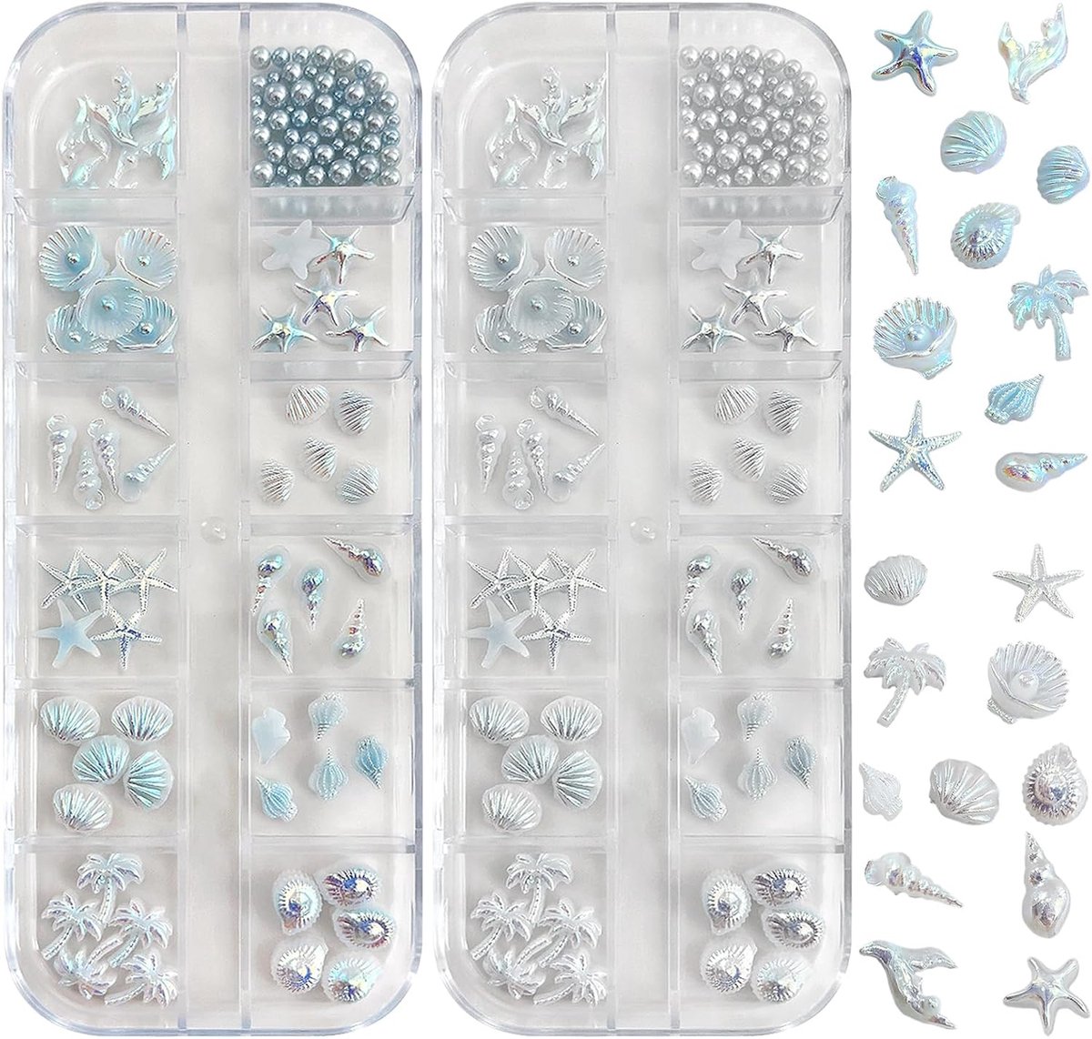 Nagelbedels met oceaanthema, 2 dozen, 24 roosters, schelp, zeester, parel, zomer, strand, nagelhars, bedels, aurora 3D-nagelsteentjes en bedels voor vrouwen, meisjes, manicure-decoraties (wit+blauw)
