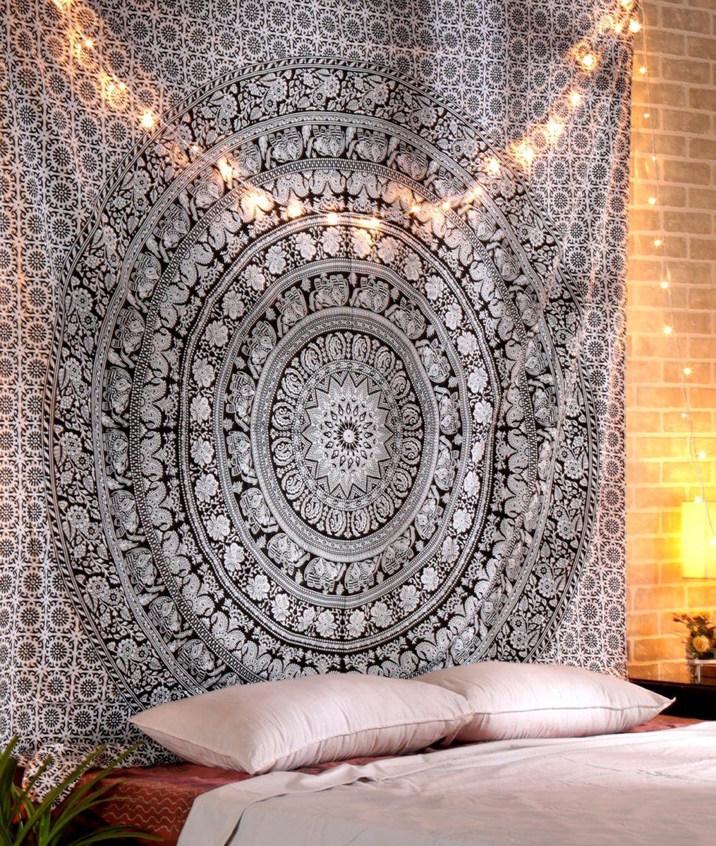 Zwart En Wit Tapijt Voor Slaapkamer En Woonkamer Decor Olifant Patroon Katoen Mandala Muur Opknoping Wandtapijten Chakra Boho Hippie Indian 90X84 Inch