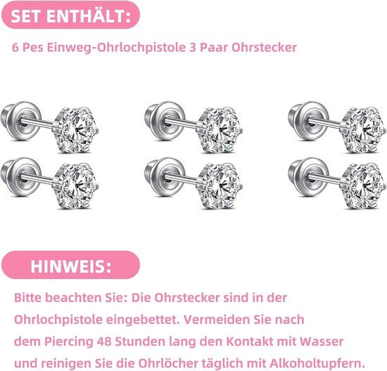 6 stuks wegwerp neuspiercing, zelfprikkelende set, veilige draagbare zelfneuspiercing, oorgaatjessteker met kroon en stalen oorstekers, 3/4/5 mm piercingset voor meisjes, vrouwen, mannen — afbeelding 3