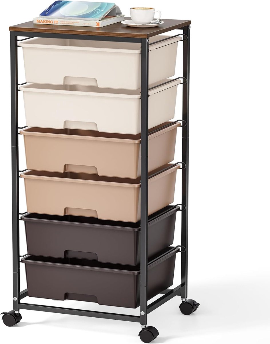 SnelShoppen - Trolley met 6 Lades en Houten Bovenkant, Sterke Kunststof Rollcontainer, Mobiele Opbergkar voor Kantoor, Kinderkamer en Creatieve Ruimte