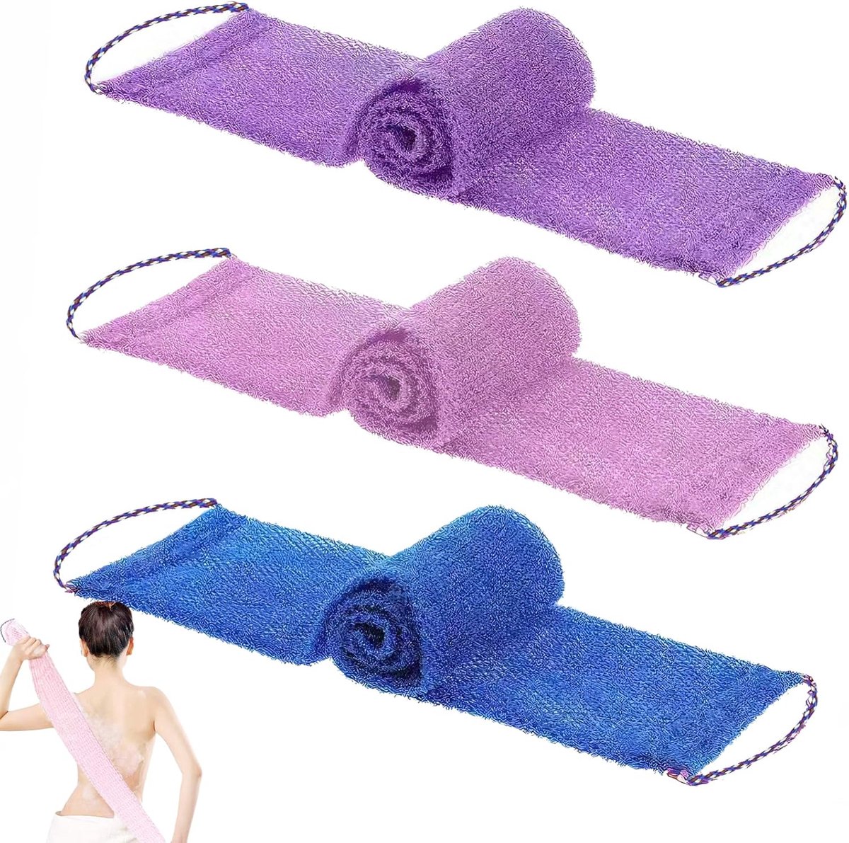 SnelShoppen - 3 Stuks Afrikaanse Net Bad Spons, Herbruikbare Peelingspons met Touwtje, 14x74CM Rug Reiniging Doek voor Mannen en Vrouwen, Kleur: Blauw