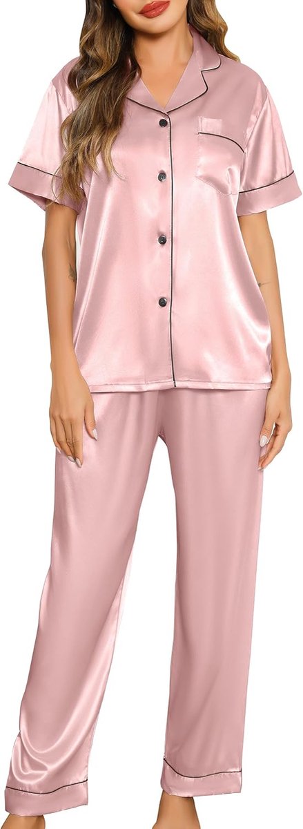 Satijnen pyjama met lange mouwen en knopen, 2-delige set