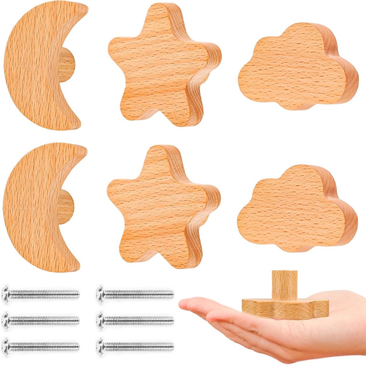 Houten Meubelknoppen voor Kinderen, 6 Stuks met Sterren, Maan en Wolken, Decoratieve Knoppen voor Kasten en Lades, Natuurlijke Afwerking voor Kinderkamer