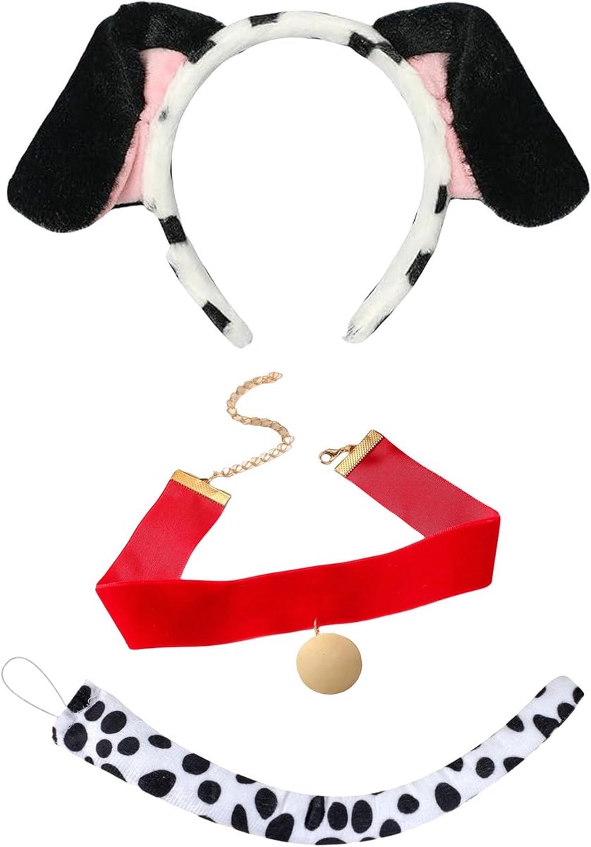 3-delige set Dalmatische kostuumaccessoires, inclusief hoofdband voor hondenoor, fluwelen choker en staart voor wereldboekdag, Halloween, feest, dieren cosplay