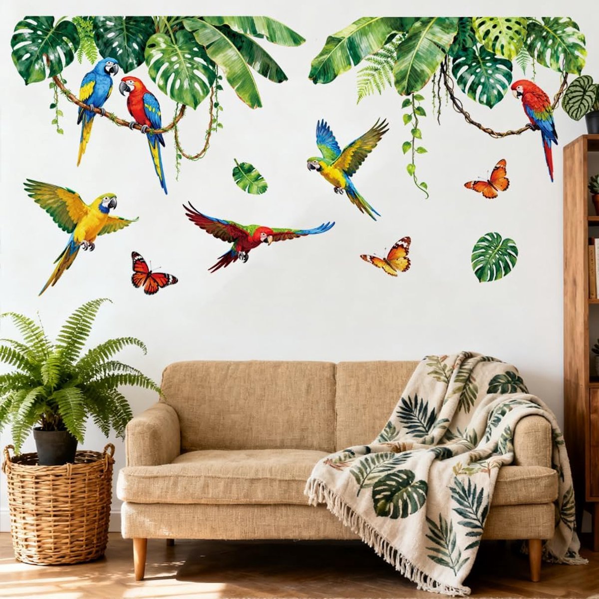 Wandstickers tropische papegaai en monstera - 2 vellen 30x96cm - vinyl muurschilderingen - ShopVlot