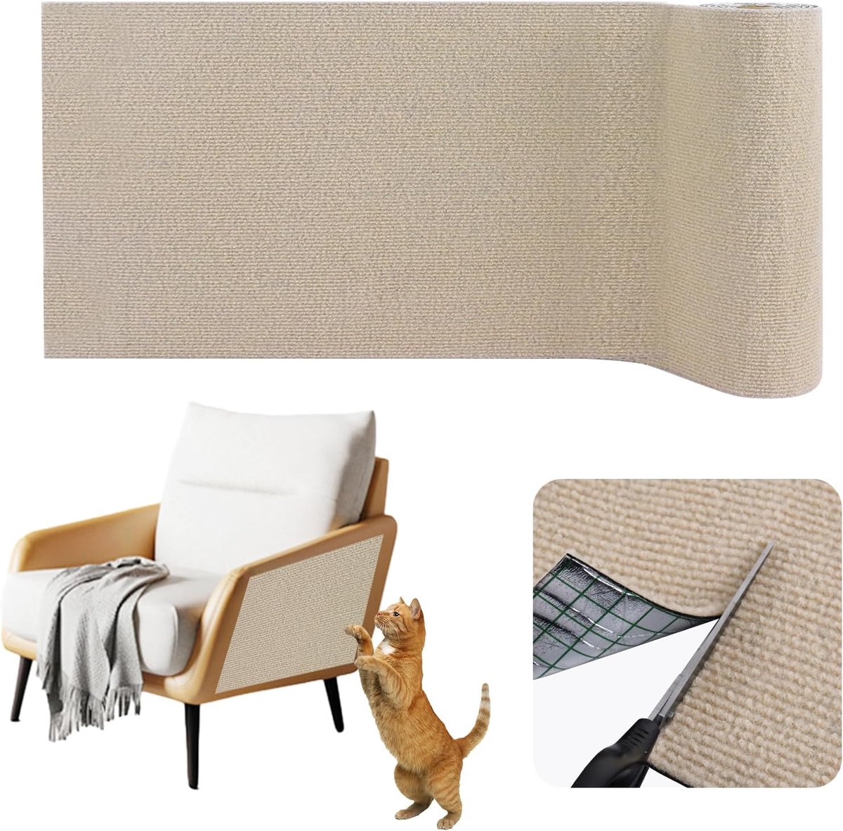 Krabmat voor katten, zelfklevend krabplanken krabtapijt plakken voor kat kattenkrabmat voor bank muren hoeken bescherm tapijt (Khaki, 40 cm x 3 m)