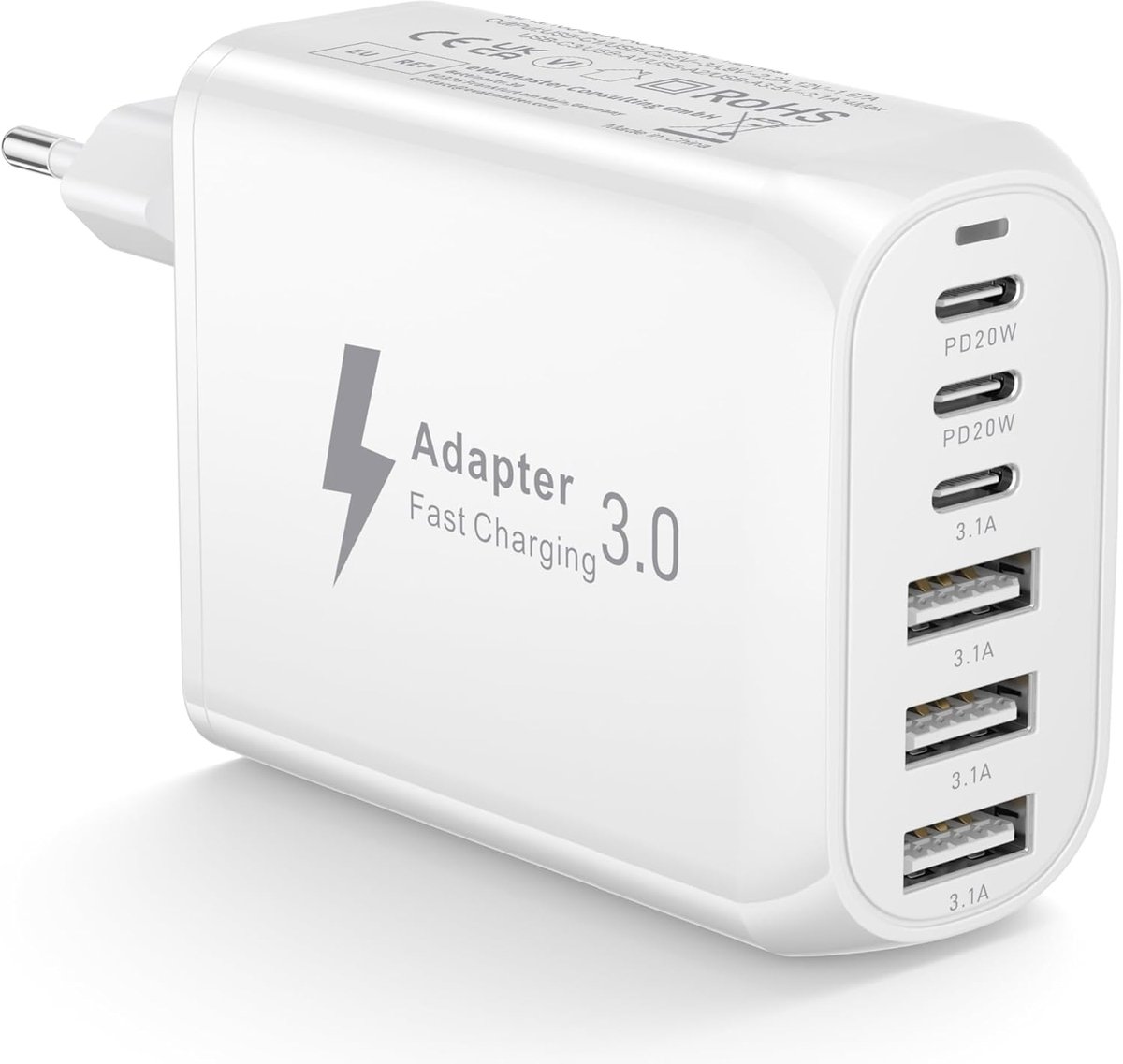 C-oplader, 60 W 6-poorts USB-adapter, snellader, meervoudige voeding voor iPhone 16/15/14/13/12, Samsung S23/S22/S21, Xiaomi, Huawei, OPPO