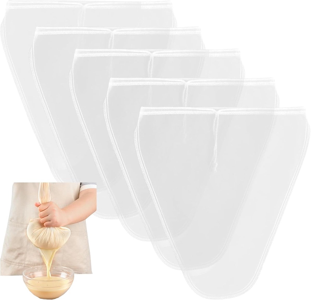 5 stuks filterzakken, wasbaar, met opening en touw, passeerdoek, herbruikbaar, 30 x 30 cm, witte filterzak, nylon multifunctionele passeerdoek, voor havermout, plantaardige melk
