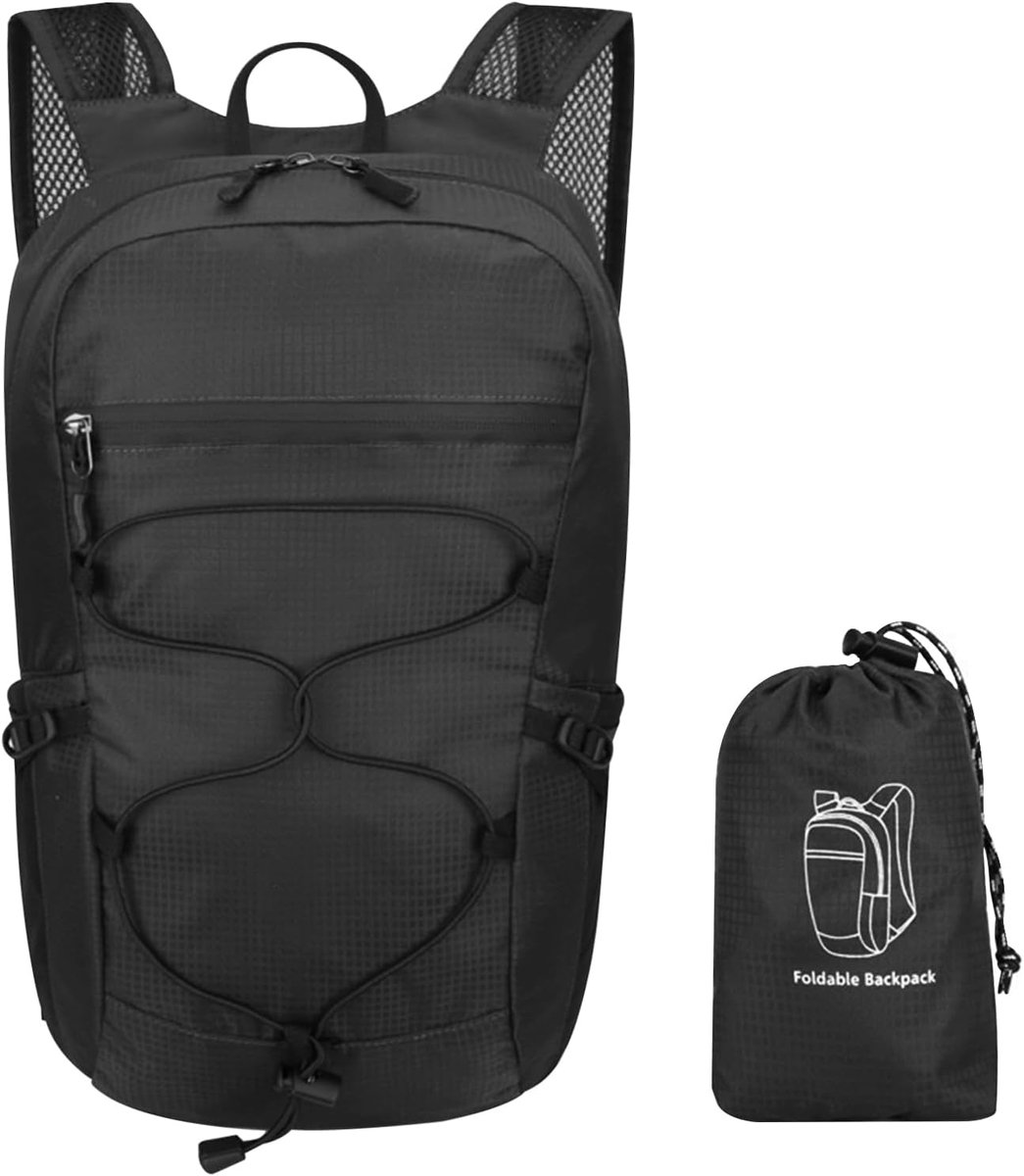 Opvouwbare en ultralichte rugzak, 15 l, waterdicht, multifunctioneel, wandelen, uniseks, met opbergtas, voor camping, reizen, fiets, zwart