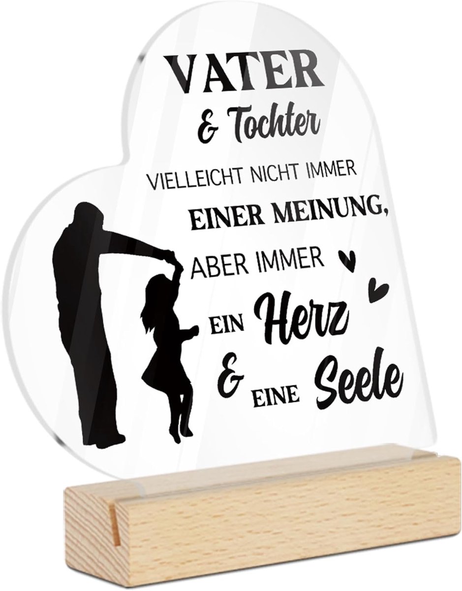 Decor Acrylbord met houten sokkel – "Vader & Dochter: Ein Herz & One Seel" – Decoratie en cadeau-idee voor bijzondere familiemomenten