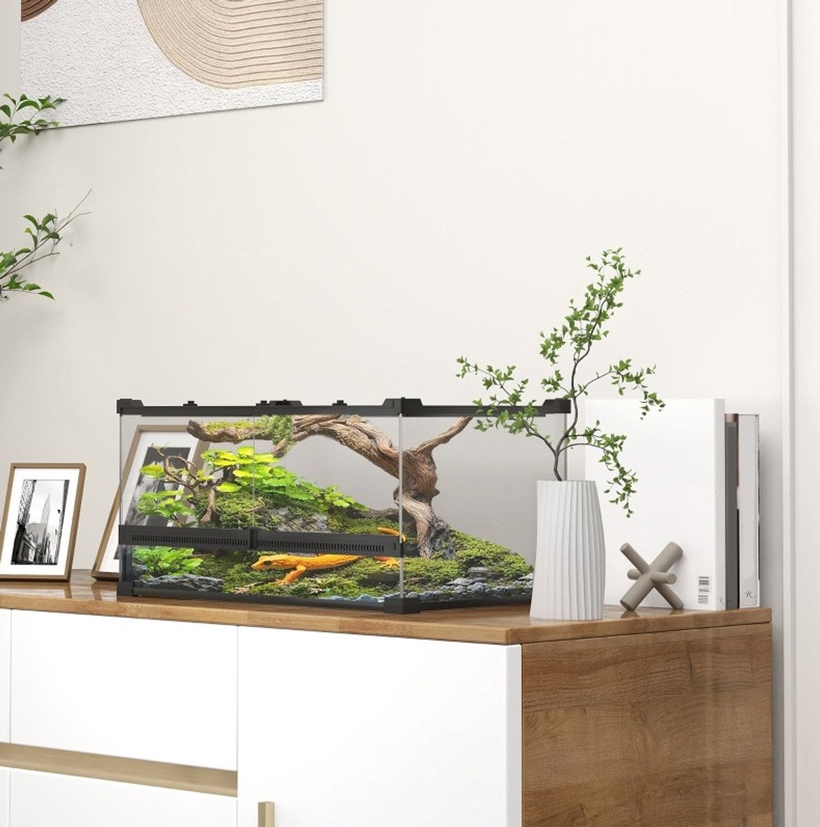 COVREO glazen terrarium 50 x 30 x 25 cm zwart, metalen gaasdeksel met slot