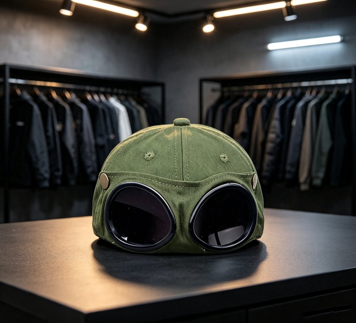 Trendy pilotenpet voor kinderen legergroen inclusief zonnebril en gezichtsmasker fits all retrostijl geschikt voor dagelijks gebruik 27*23*15 cm