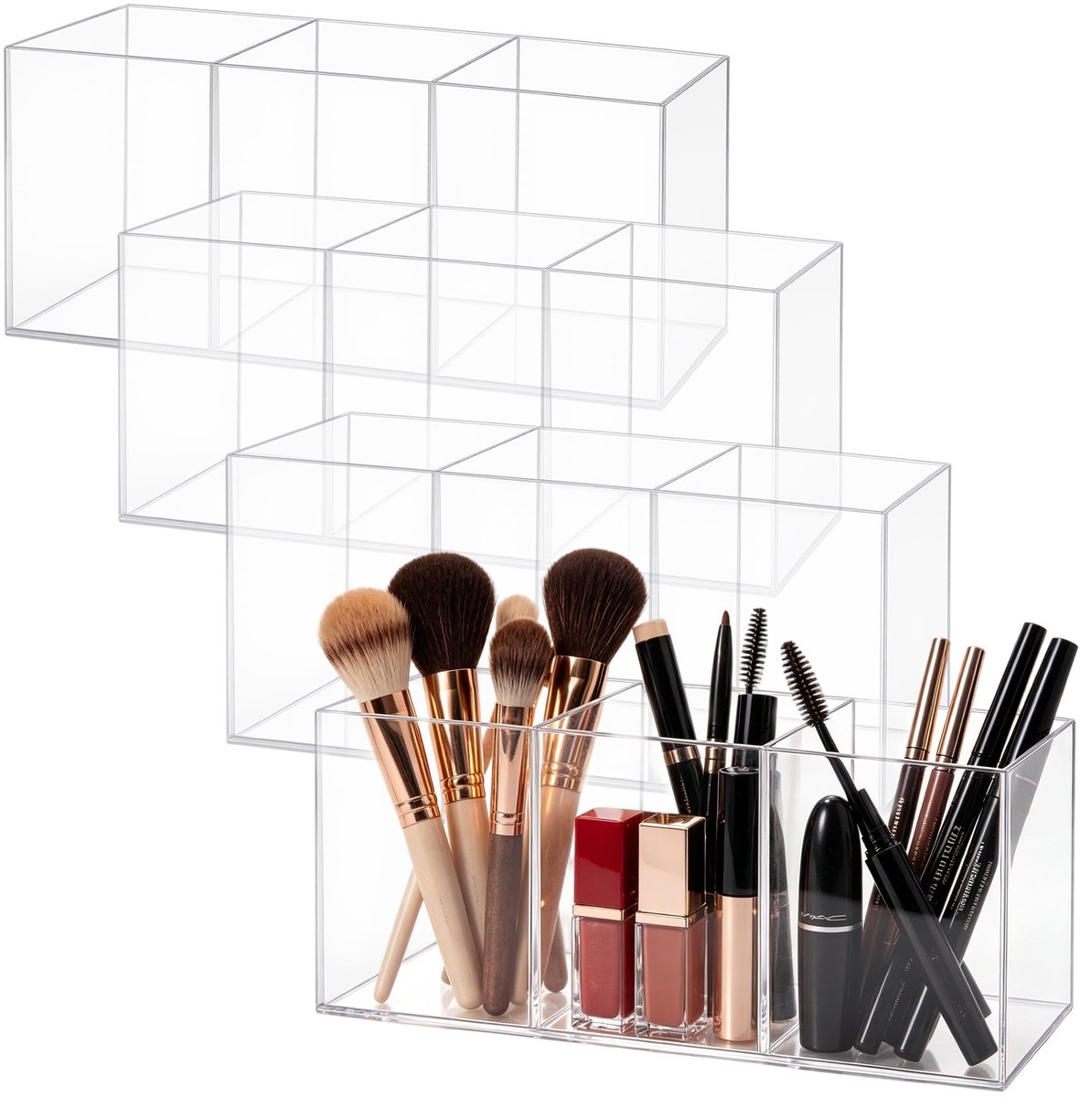 Omgoods - Set van 4 Transparante Acryl Cosmetica-Organizers met 3 Vakken
