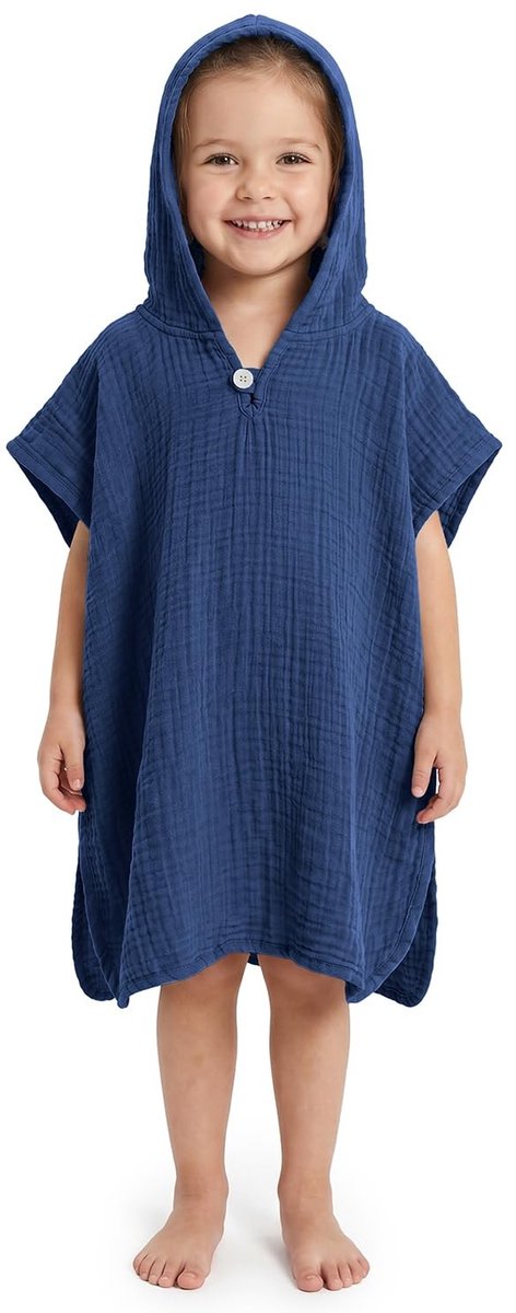 Omgoods - Premium Hydrofiel Badponcho Kinderen met Capuchon - 100% Katoen - Blauw
