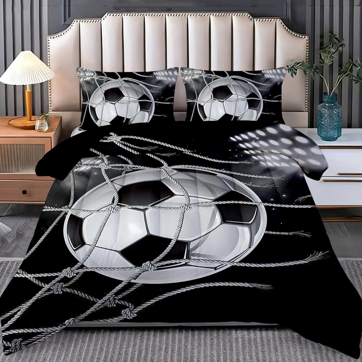 Omgoods - Voetbal Beddengoed Set - 3D-voetbalprint, Microvezel, Dekbed met 2 Kussenslopen