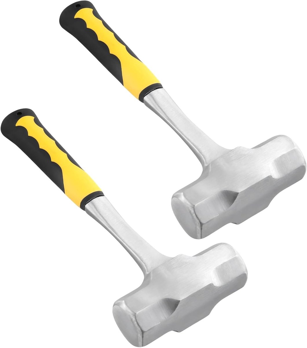 Set van 2 Stuks 4 lbs Hamer, 33.5 x 13 x 4.8 cm Carbon Staal Klophamer met PPR Handvat voor Tuinieren, Kamperen en Bouwprojecten, Geel en Zwart