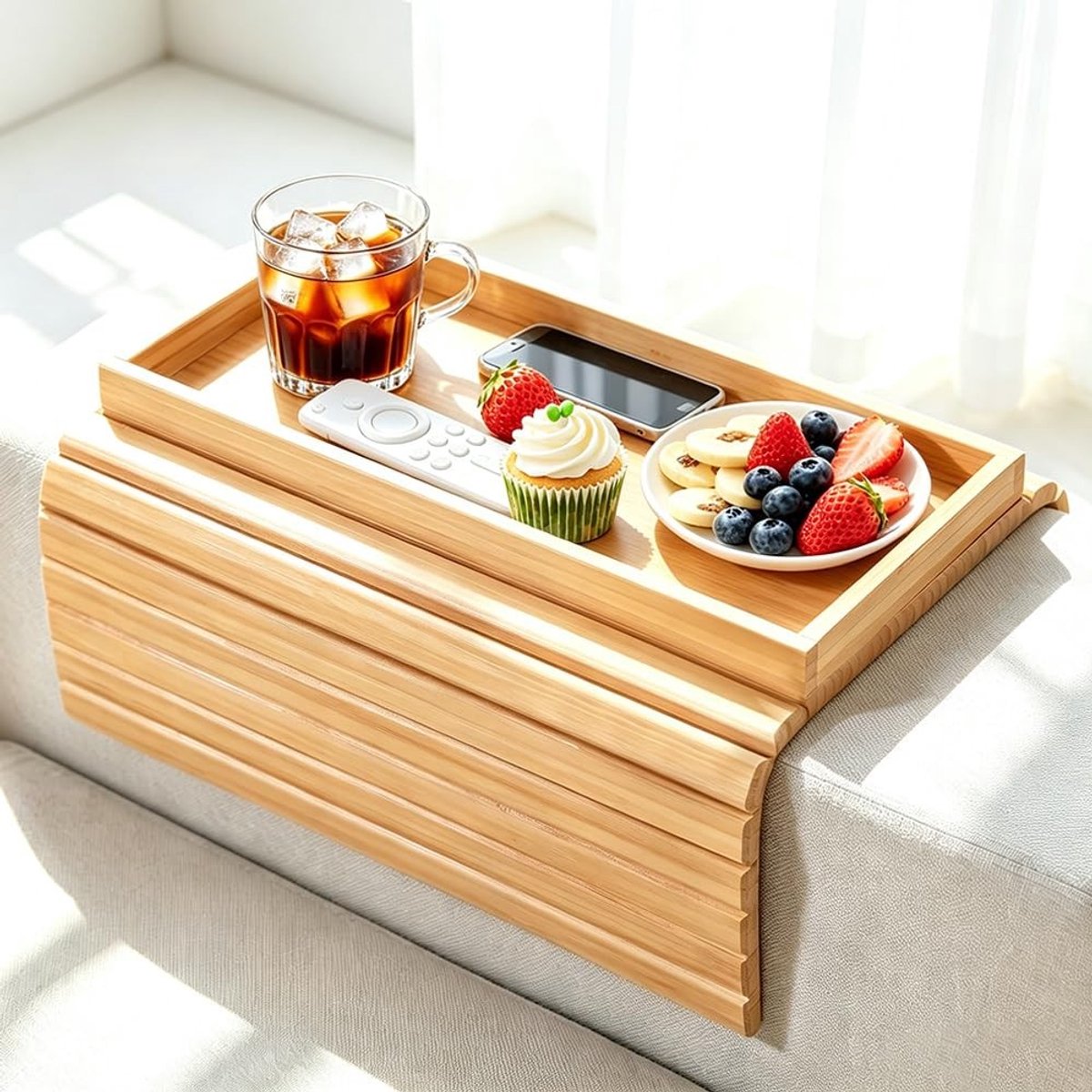 Omgoods - Opvouwbaar Bankdienblad met Armleuning van Bamboe voor Snacks en Dranken