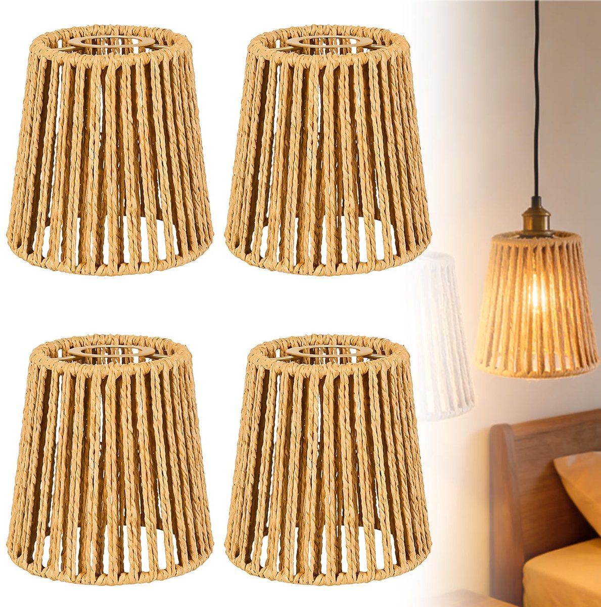 Omgoods - Set van 4 Boho Lampenkappen, Rotan, 14 x 14 x 10 cm