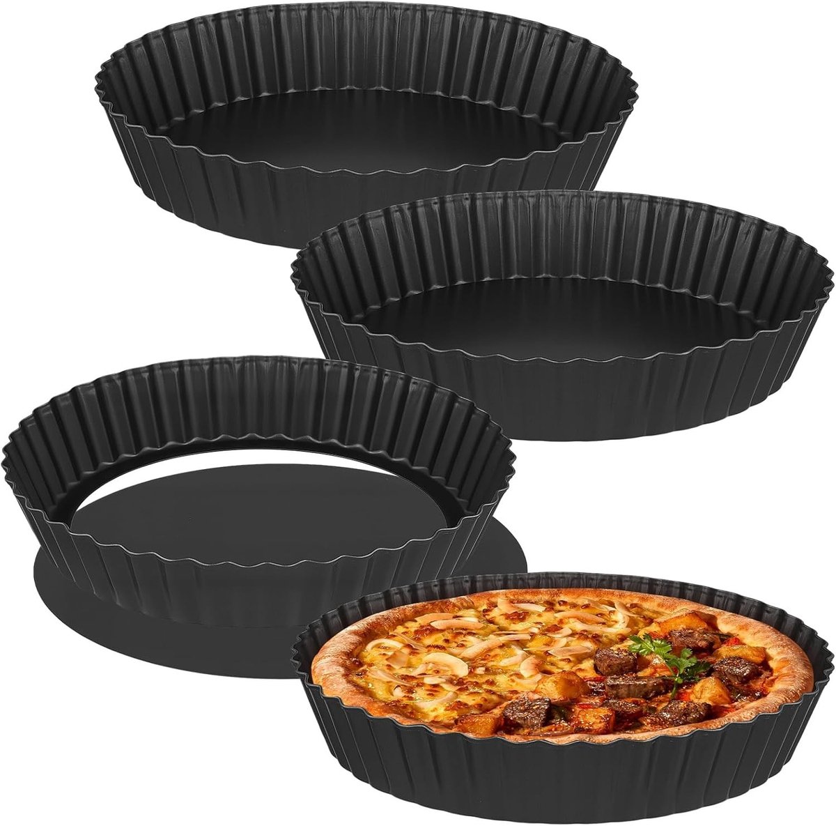 Set van 4 Diepe Quichevormen met Losse Bodem 24 cm, Antiaanbaklaag, Ideaal voor Taarten en Flan Bakken