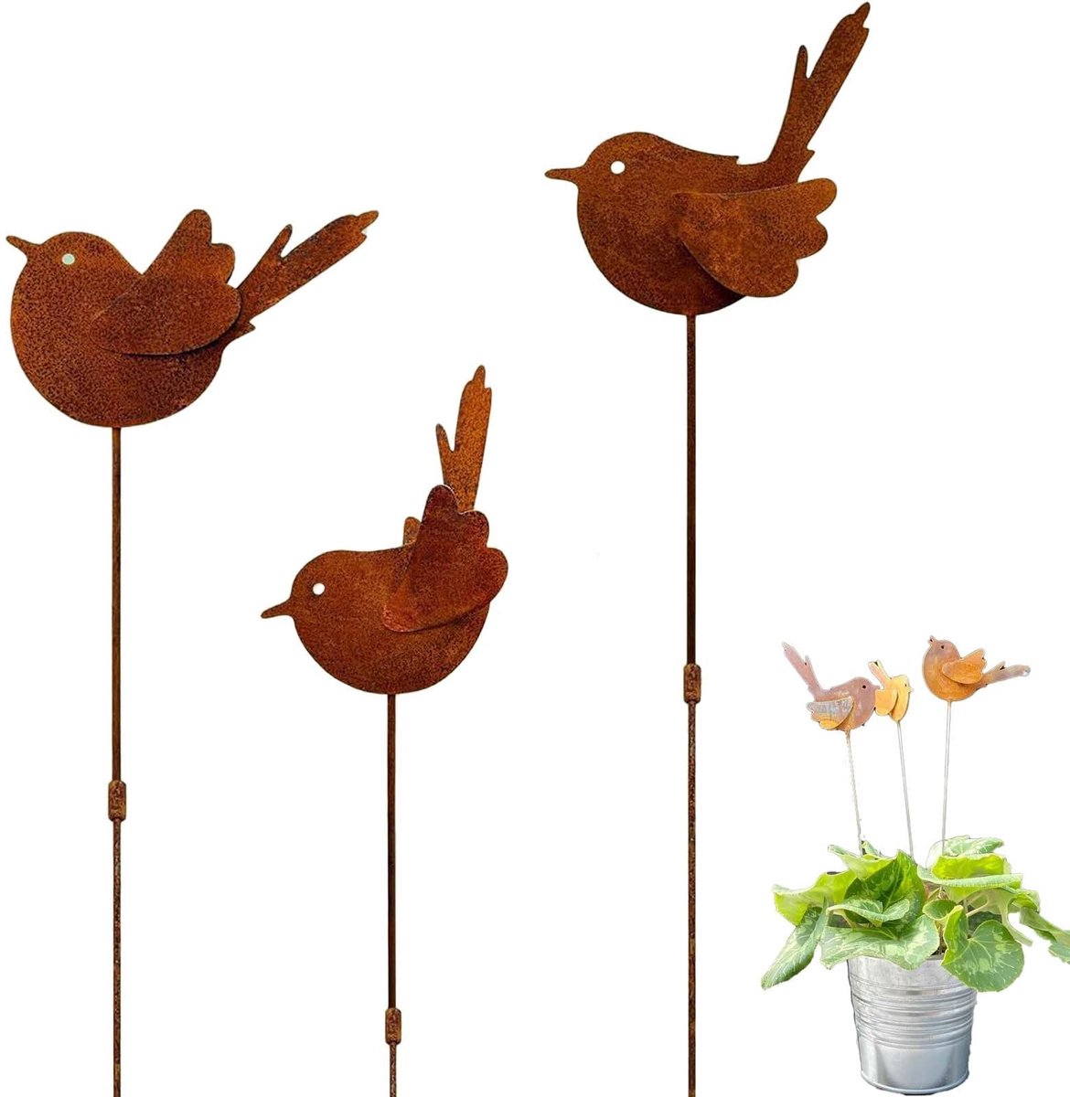 Omgoods - Set van 3 Weerbestendige Tuindecoraties met Roestige Vogels voor Buiten