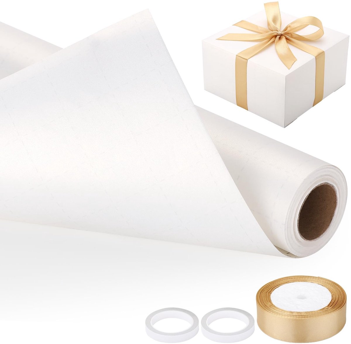 Omgoods - Set van Wit Cadeaupapier met Strikband en Dubbelzijdig Plakband