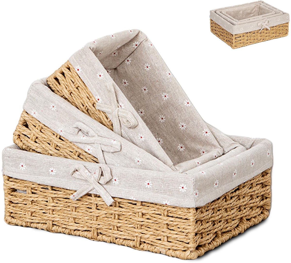 Omgoods - Set van 3 Gevlochten Opbergmanden met Katoenen Inleg, Beige