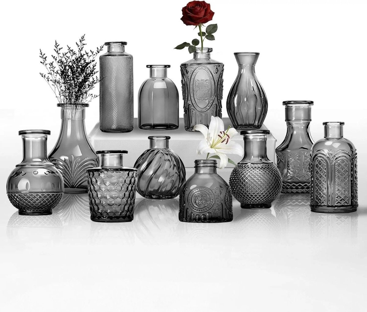 Omgoods - Set van 12 Zwarte Glazen Bud Vazen met Vintage Patroon