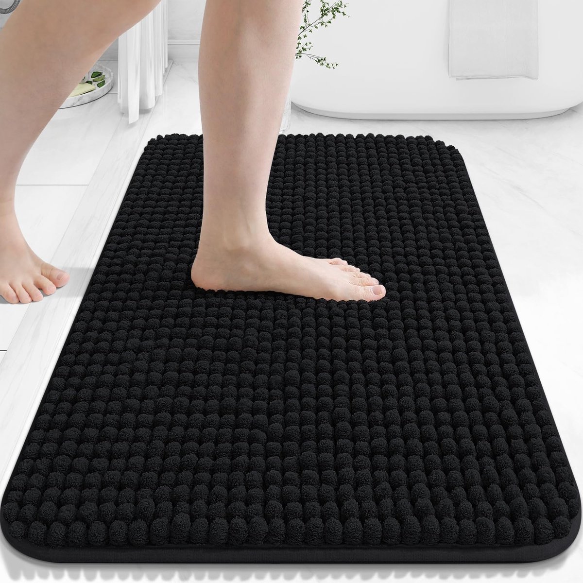 Omgoods - Luxe Chenille Badmat, Antislip en Absorberend (16 x 24 Inch, Zwart)