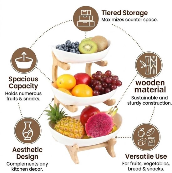 Omgoods - 3-laags Fruitstandaard met Houten Onderstel voor Snacks en Groenten — afbeelding 3