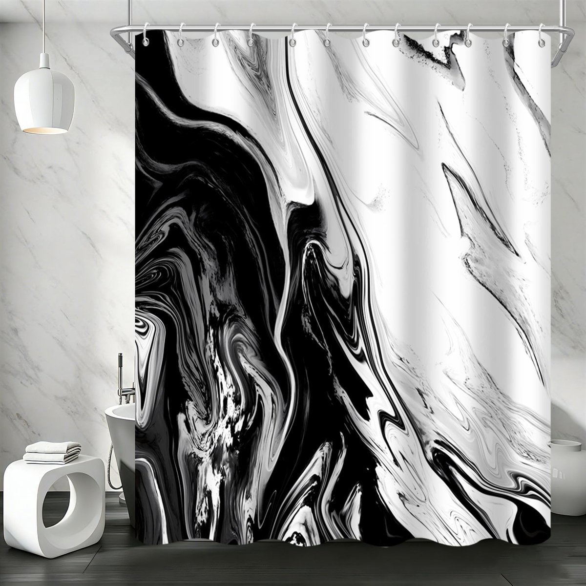 Omgoods - Douchegordijn Marmer Zwart/Wit - 180 x 200 cm Waterdicht