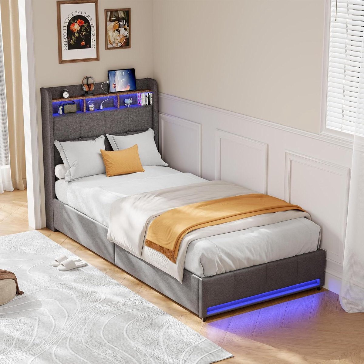 Gestoffeerd Bed - Linnen Bedframe - Slaapkamer Organiseren - Geïntegreerde Oplaadpoorten - 90 x 200 cm - Grijs