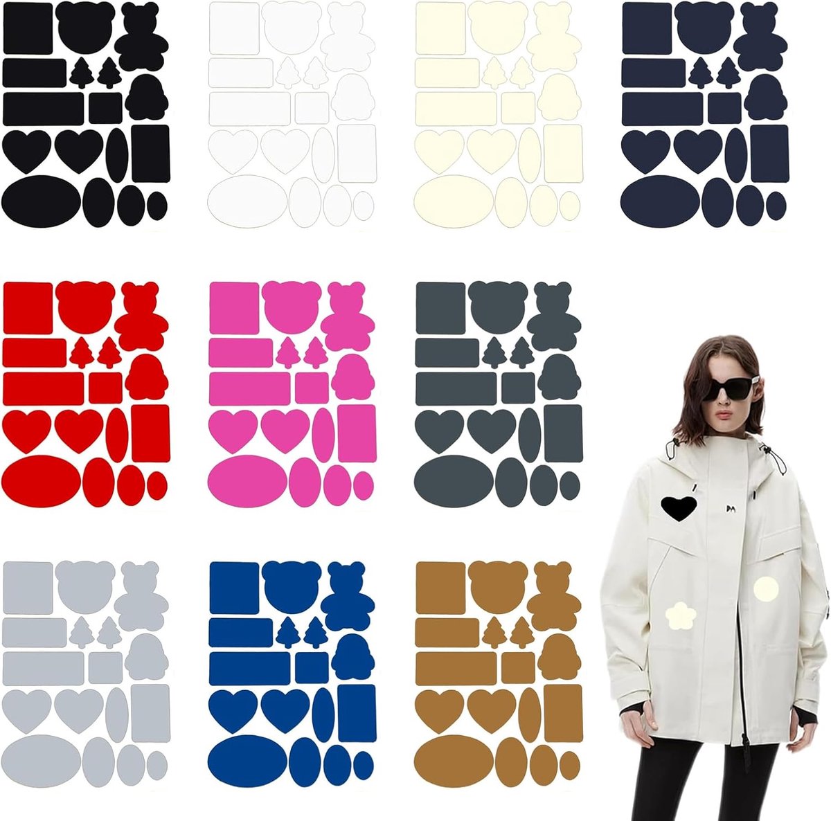 10 vellen donsjack, reparatiepleisters, nylon, 170 stuks in 10 kleuren, patches, zelfklevend, waterdicht, scheurvast, voor jassen, tenten, kleding, slaapzak, textieltape