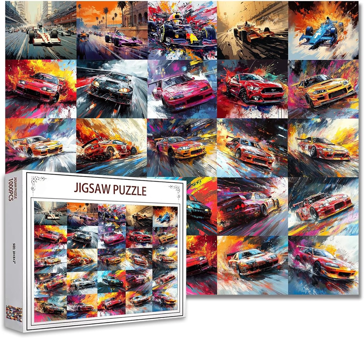 1000 stukjes Jigsaw Puzzles spel luxe sportwagens voor volwassenen en kinderen, kleurrijke graffiti F1 racewagen puzzels, formule 1 puzzel voor thuis, muurdecoratie, DIY kunst, 68,6 x 50,8 cm, perfect