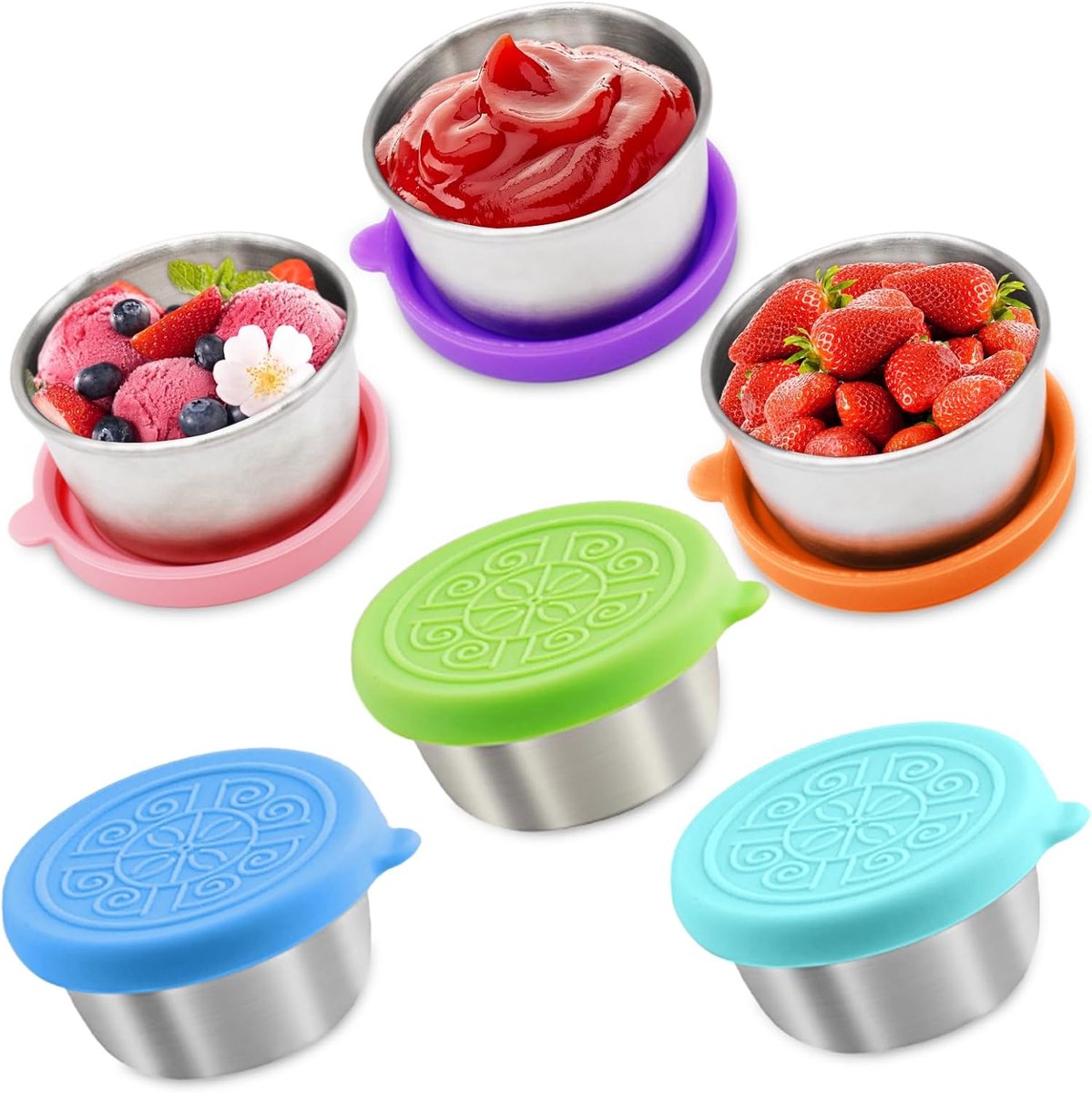 6 stuks dressingcontainers, 50 ml van roestvrij staal, herbruikbare voedseldozen met lekvrije siliconen deksels, voor saus, salade, specerijen en dip, ideaal voor picknick