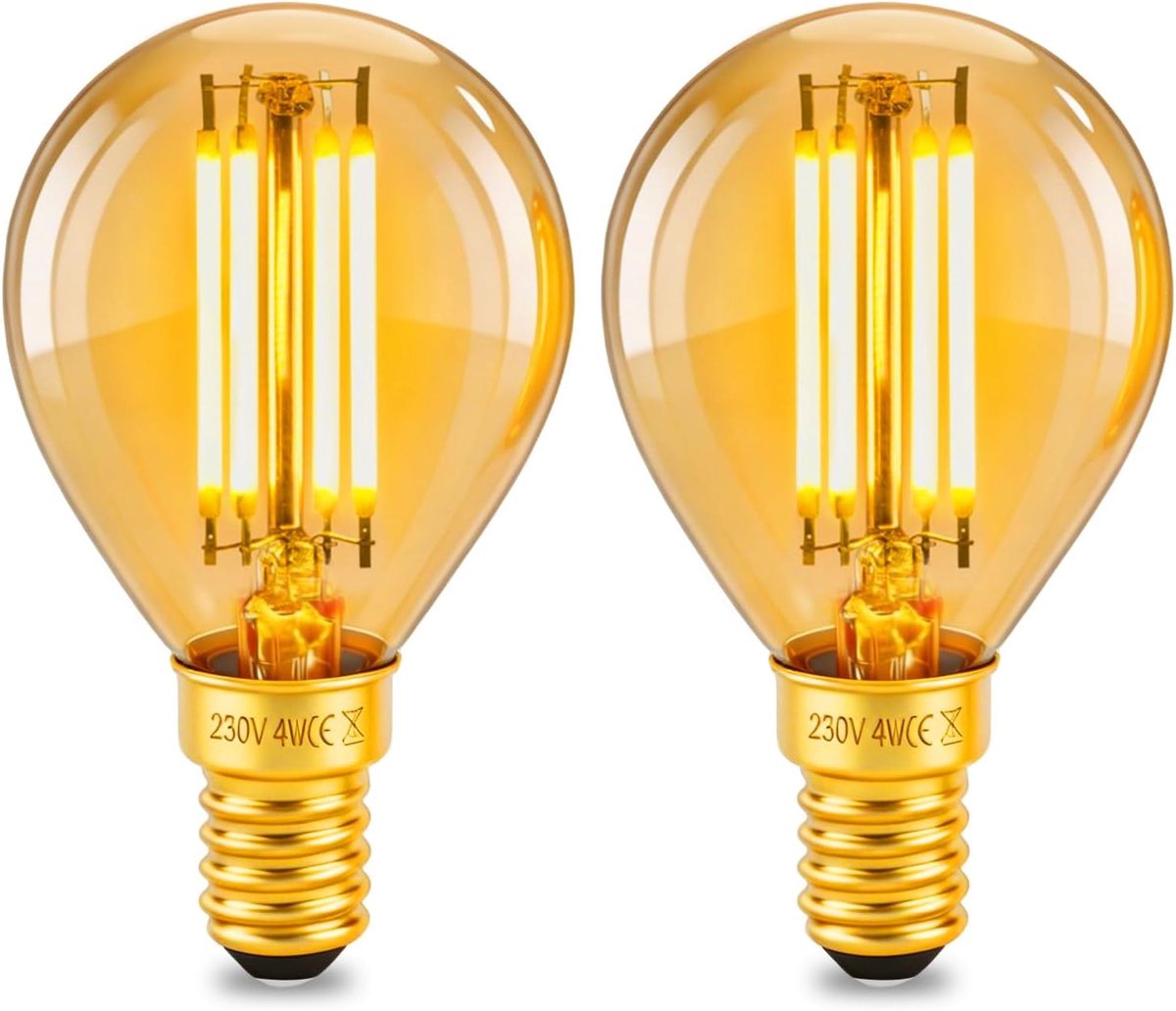 2 Pack Vintage Gloeilampen E14 Edison-Schroefdraad, 4w Led-Gloeidraad, Amberkleurig Glas, Warm Wit 2200k, Kroonluchterlampen, 400 LM, 220 V Wisselstroom, G45 E14 Edison Niet Dimbaar