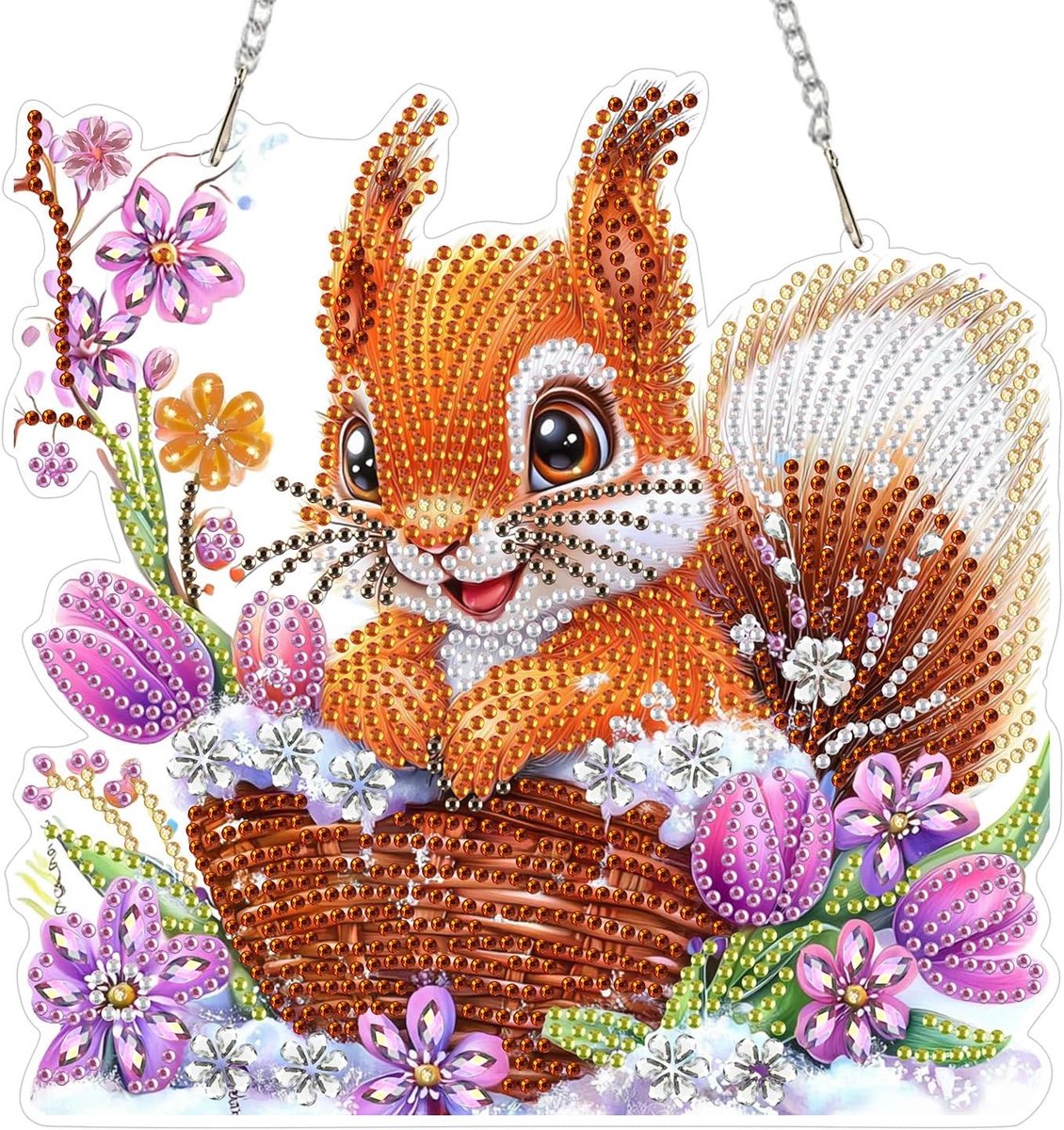 Eekhoorn DIY Diamond Painting Art Hanger Volwassenen, paarse bloem diamant schilderij hangende ornamenten met ketting, Diamond hanger kit voor deur muur raam hangende decoratie cadeau 20 x 20