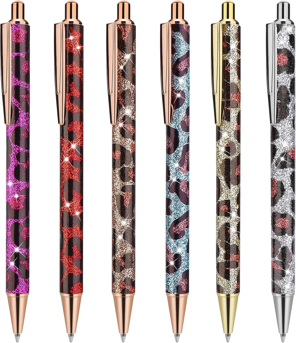 Bling metalen pennen, 6 stuks klikbare balpennen, 1,0 mm zwarte inkt balpen, metalen glitter balpennen voor mannen, vrouwen, school, kantoor, thuis, tekening (luipaardprint)