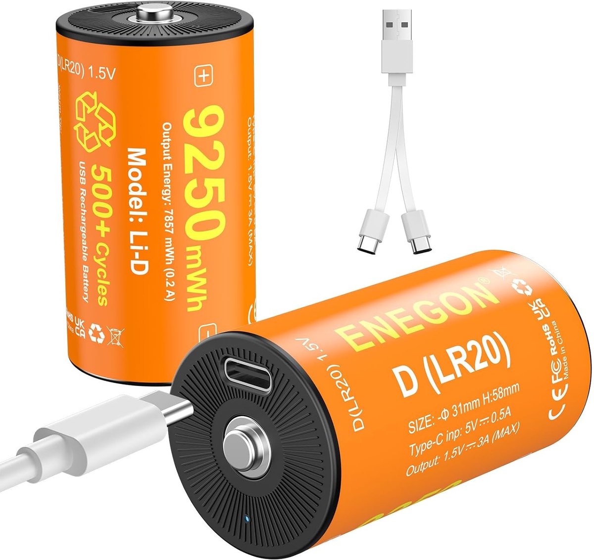 Oplaadbare D-batterijen set van 2, 9250 mWh 1,5 V lithium-ion LR20 met USB-C-kabel, ideaal voor campinglampen, speelgoed en noodverlichting