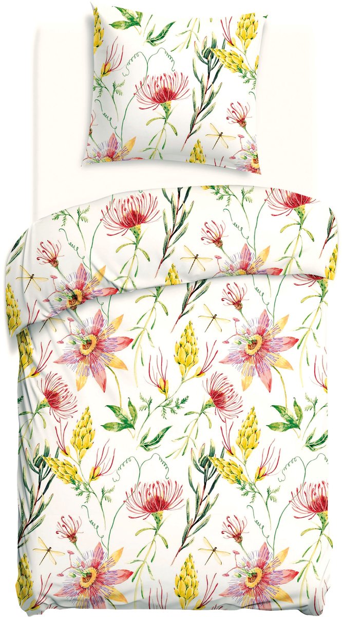 Luxe Katoenen Dekbedovertrekset Cottonlove – 140x200 cm – Rode en Gele Bloemen – 100% Katoen – Darymex
