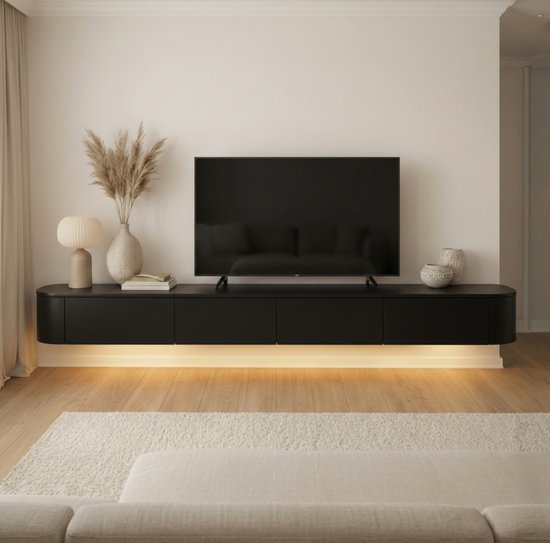 Japandi Tv Meubel Curved - Zwart - 240x33x33 cm - Gebogen zijkant - Volledig Gemonteerd - Zwevend TV Meubel 240cm – Wandgemonteerd TV Kast met Deuren en Lade – Floating TV Cabinet – Curved Design – Modern Scandinavisch TV Meubel Japandi Tv Meubel Curved - Zwart - 240x33x33 cm - Gebogen zijkant - Volledig Gemonteerd - Zwevend TV Meubel 240cm – Wandgemonteerd TV Kast met Deuren en Lade – Floating TV Cabinet – Curved Design – Modern Scandinavisch TV Meubel