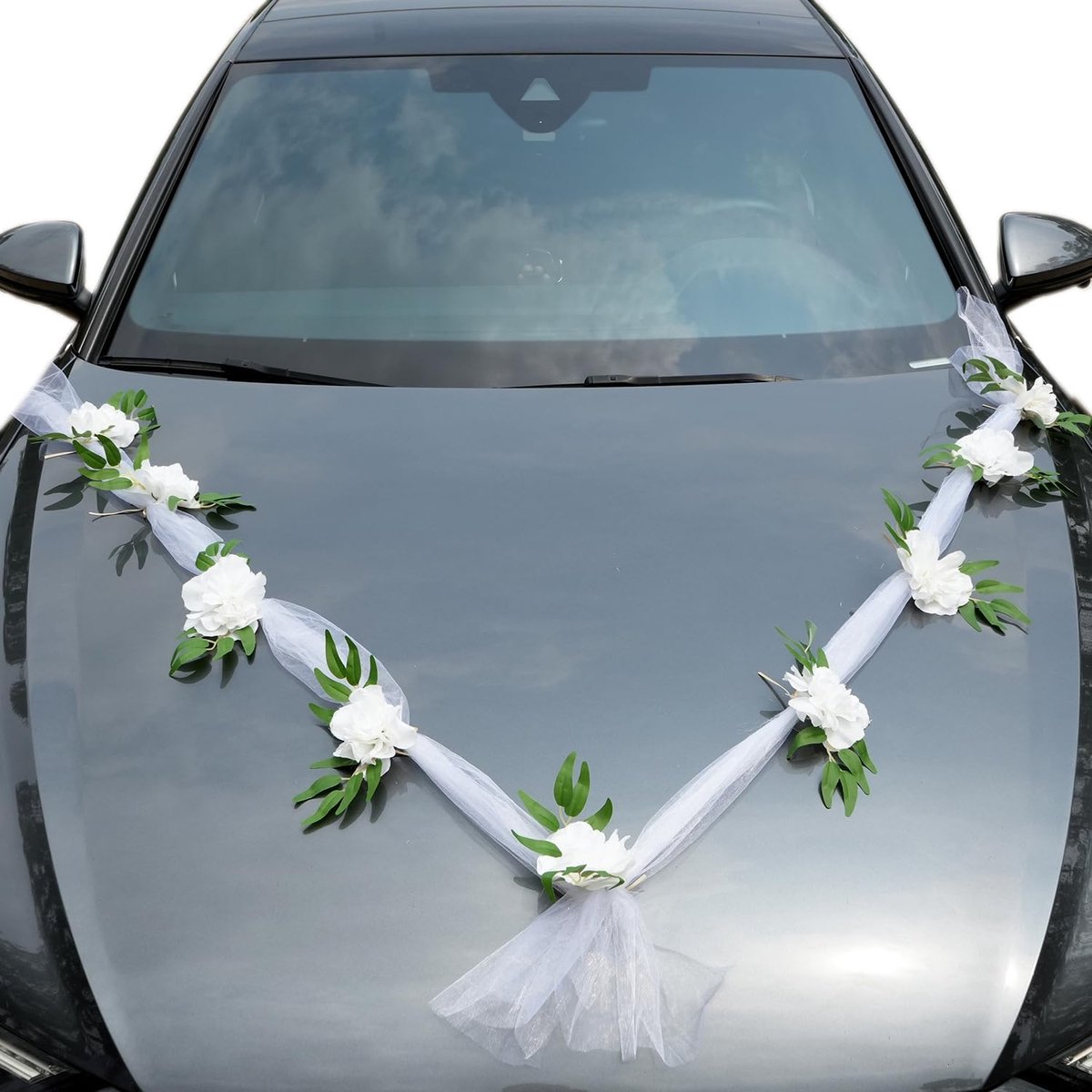 SnelShoppen - Organza Slingers Bruidsauto Versiering met Rozen voor Trouwerij en Nieuwe Woning - Bloemdecoratie voor Achteruitkijkspiegel - Wit - Duur
