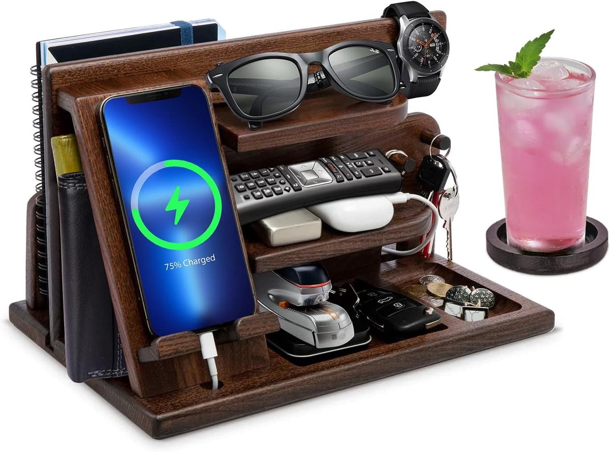 SnelShoppen - Houten Docking Station met Sleutelhanger, Portemonnee Houder, Telefoon Oplaadstation, Bedside Organizer voor Horloges, Pennen, Brillen,