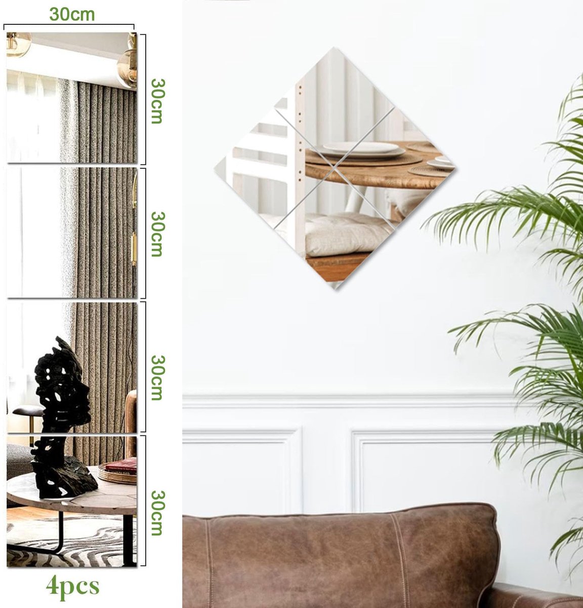 SnelShoppen - Zelfklevende Spiegeltegels 30x30cm HD Glazen Wandspiegels voor Woonkamer Decoratie, Multifunctionele Spiegel voor Badkamer en Meubels