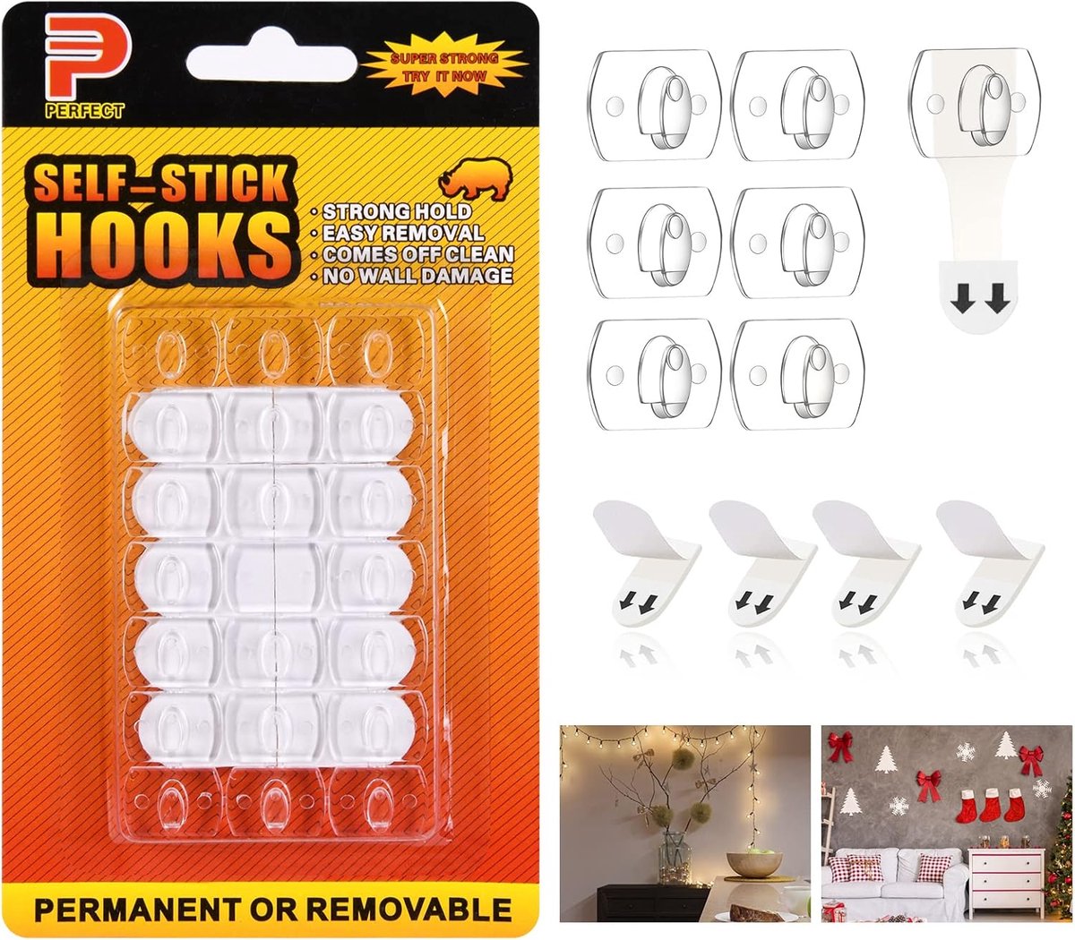 SnelShoppen - Set van 20 zelfklevende fotohangers zonder boren, transparante wandhaken met 20 lijmstrips, schadevrije verwijdering, perfecte decoratie