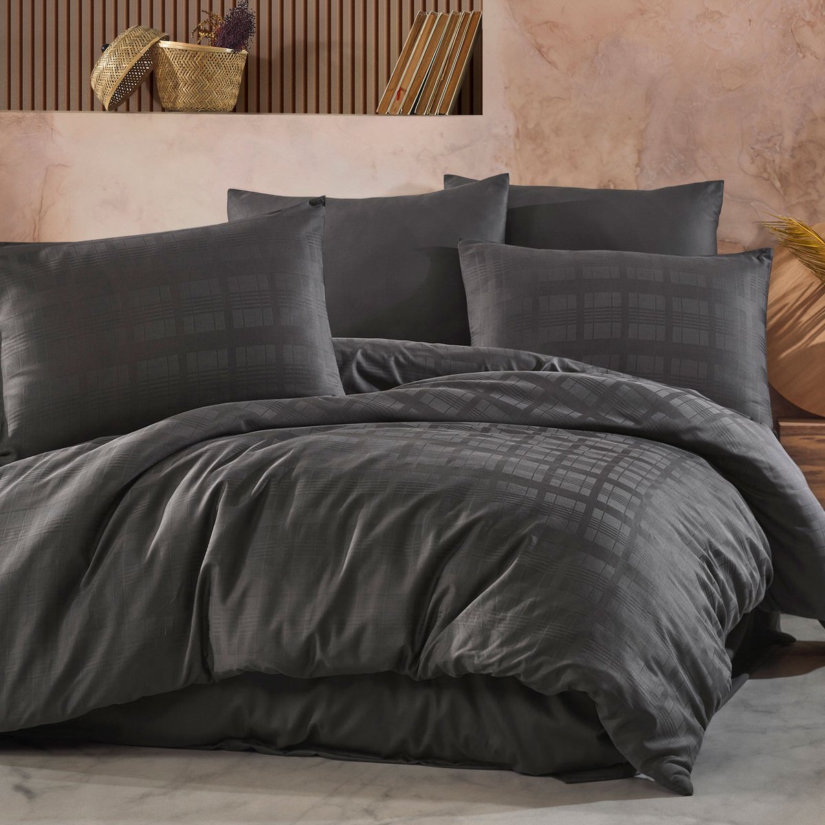 Marsela Premium Mako-Satijn Dekbedovertrek 140x200 cm - 100% Katoen-Satijn - Antraciet - Eenpersoons - Met Kussensloop